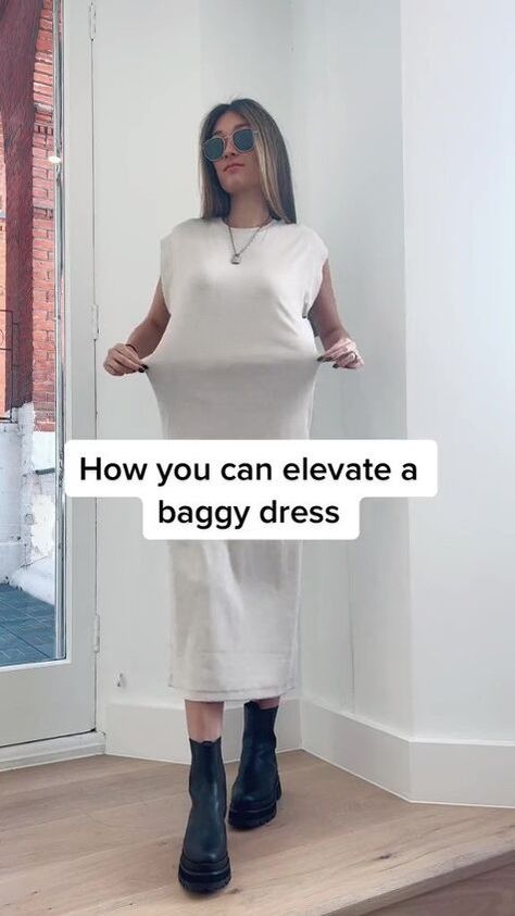 We’ve all got a baggy, shapeless dress somewhere in our wardrobe, right? Here's a no-sew hack for cinching in that baggy dress. Oversized Dress Hack, Dress Too Big Hacks No Sew, Shapeless Dress, Baggy Tshirt, Baggy Dresses, Fashion Hacks, Draped Dress, Loose Dress, Simple Dresses