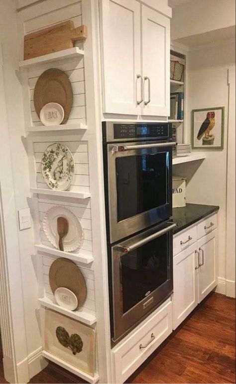 Fridge Panel, Platter Storage, Record Shelves, Beautiful Kitchen Cabinets, Double Ovens, Plate Rack, Pretty Plates, Oil Storage, Plate Racks