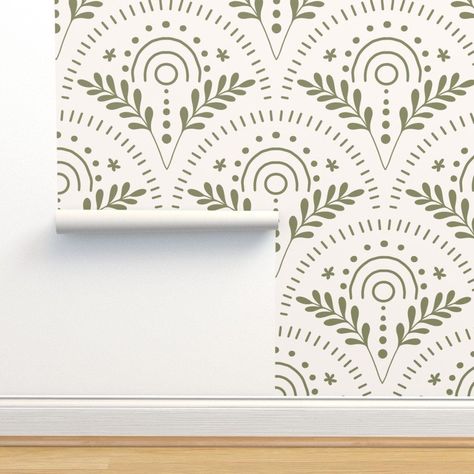 Jumbo Scallop Doodle  Commercial Grade Wallpaper - Boho Vibes  by chelseajay - Hand Drawn Bohemian Boho Wallpaper Double Roll by Spoonflower Boho Accent Wallpaper, Boho House Wallpaper, Boho Kitchen Wallpaper, Wallpaper On Ceiling Bathroom, Boho Wallpaper Accent Wall, Woodsy Wallpaper, Wallpaper For Closet, Boho Chic Wallpaper, Mcm Wallpaper