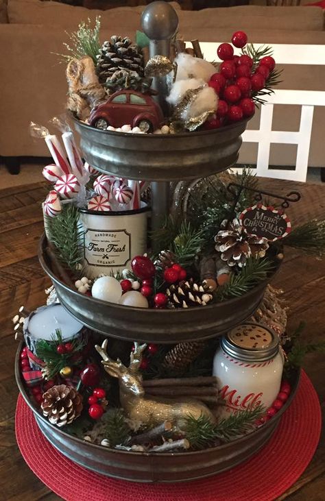 This is neat, and you can put all your extra decorations that don’t have a “home” on this Three Tiered Tray, Natal Country, Christmas Centerpieces Diy, Christmas Centerpiece, Centerpiece Ideas, Christmas Decorations Rustic, Farmhouse Christmas Decor, Noel Christmas, Christmas Kitchen