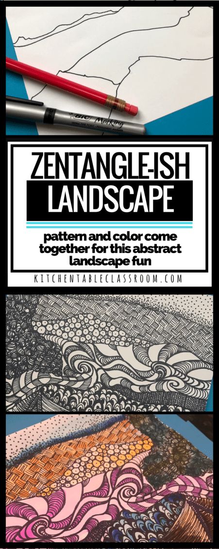 Here we combine Zentangle doodle designs with learning the basics of landscape for a can't miss pattern filled, rule breaking abstract landscape. Zentagle Drawing Landscape, Zentangle Projects Middle School, High School Zentangle Project, Line Art Lessons Middle School, Zentangle Lesson Middle School, High School Art, Doodle Designs, Landscape Drawings, Cool Landscapes