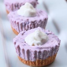 Mini No-bake Ube Cheesecakes Recipe by Tasty Ube Cheesecake Recipe, Ube Dessert Recipe, Ube Cheesecake, Mini No Bake Cheesecake, Ube Recipes, Filipino Food Dessert, Filipino Desserts, Mini Cheesecakes, Cheese Bread