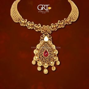 22K Designer gold necklace design from GRT Jewellers. Find more such stunning collections on our catalogue. Necklace Designs Gold, Grt Jewellers, Gold Necklace Design, Diamond Necklace Simple, 22k Gold Jewelry, Beautiful Gold Necklaces, Pearl Necklace Designs, Designer Necklace, Simple Diamonds