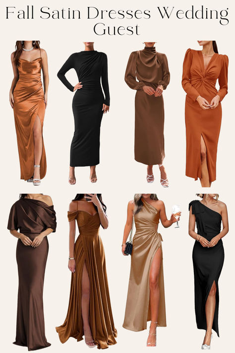 Fall Satin Dresses Wedding Guest Aspen Wedding Guest Outfit, Formal Wedding Guest Attire Winter, Satin Dresses Wedding, Formal Fall Wedding Guest Dress, October Wedding Guest Outfits, Semi Formal Dresses For Wedding, Semi Formal Wedding Attire, Autumn Cocktail, Formal Wedding Guest Attire