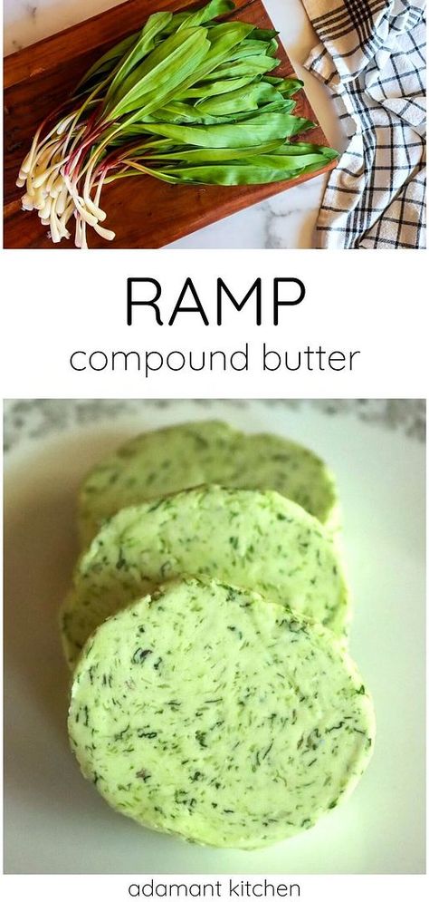 Explore Foraging Recipes with our ramp compound butter guide, showcasing how to incorporate the vibrant flavors of wild ramps into your cooking. This easy-to-make compound butter is a versatile addition to savory dishes, elevating the taste with the wild essence of ramps. Ideal for anyone looking to fancy up their meals with in-season wild edibles. Find more whole food recipes, real food recipes & healthy recipes, and spring seasonal recipes at adamantkitchen.com. Ramp Butter Recipe, Wild Leeks, Ramp Pesto, Wild Ramps, Elderberry Recipes, Food Recipes Healthy, Dinner Party Dishes, Wild Food Foraging, Foraging Recipes