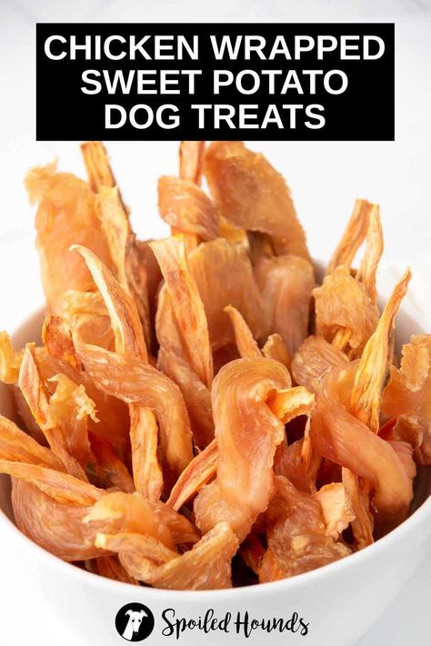 Sweet Potato Treats For Dogs, Dog Chews Homemade, Chicken Dog Treats Recipes, Sweet Potato Wrap, Bacon Dog Treats, Sweet Potato Dog, Sweet Potato Benefits, Peanut Butter Chicken, Chicken Dog Treats