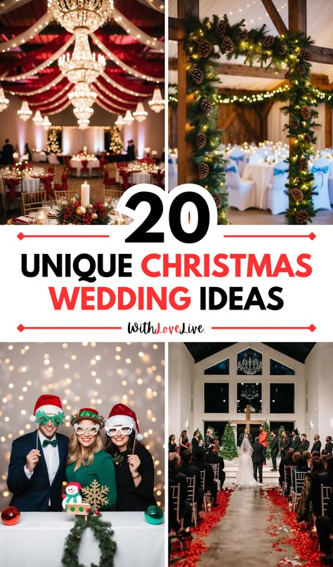 Make your Christmas wedding magical with unique ideas! 🎄❤️ From seasonal flowers to cozy winter settings, explore ways to add festive charm to your big day. Save this pin for the perfect holiday wedding inspiration! 📌✨ Christmas Wedding Unity Ideas, Christmas Wedding Fireplace, Christmas Wedding Garland, Winter Wedding Lights, Beach Christmas Wedding, Christmas Wedding Blue, Small Christmas Wedding Ideas, Christmas Wedding Colors, Christmas In July Wedding