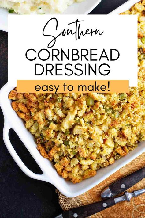 Cornbread dressing is a classic Southern dish that is often served as a side during Thanksgiving or Christmas. It's a delicious blend of crumbled cornbread and savory seasonings that come together to create a warm and comforting dish. This particular recipe for cornbread dressing is a family favorite that's been passed down for generations. Easy Southern Cornbread Dressing, Spicy Cornbread Dressing, Recipe For Cornbread Dressing, Christmas Dinner Recipes Sides, Southern Cornbread Dressing With Poultry Seasoning, Southern Living Classic Cornbread Dressing, Southern Dressing Recipe, Cornbread Dressing With Pepperidge Farm, Recipe For Cornbread