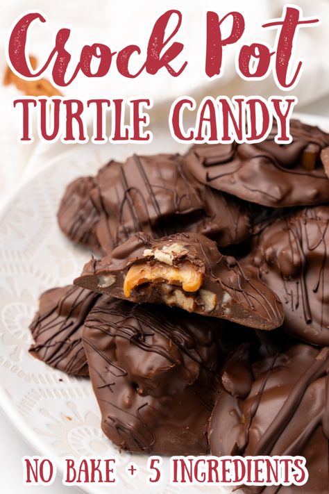 Crock Pot Turtle Candy - An easy homemade candy recipe that is great for the holidays! Loaded with chocolate, pecans, and caramel and made in a crock pot, these turtle candies are sure to be a hit! Christmas Candy | Candy Recipes | Turtle Candy Recipe | Crock Pot Desserts #chocolate #christmas #candy Chocolate Caramel Pecan Clusters Slow Cooker, Chocolate Christmas Candy Recipes, Slow Cooker Caramel Turtles, Easy Thanksgiving Chocolate Desserts, Boozy Christmas Candy, Diy Turtles Candy, Crock Pot Turtles Candy, Crockpot Pecan Candy Recipes, Slow Cooker Chocolate Turtles Recipe