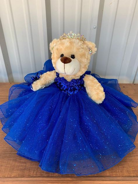 Blue Quinceanera Teddy Bear, Royal Blue Tulle Dress, Royal Blue Quinceanera Ideas, Royal Blue Quince Theme, Quinceanera Bear, Royal Blue Quinceanera Theme, Royal Blue And Gold Quinceanera, Quinceanera Teddy Bear, Blue Quinceanera Ideas