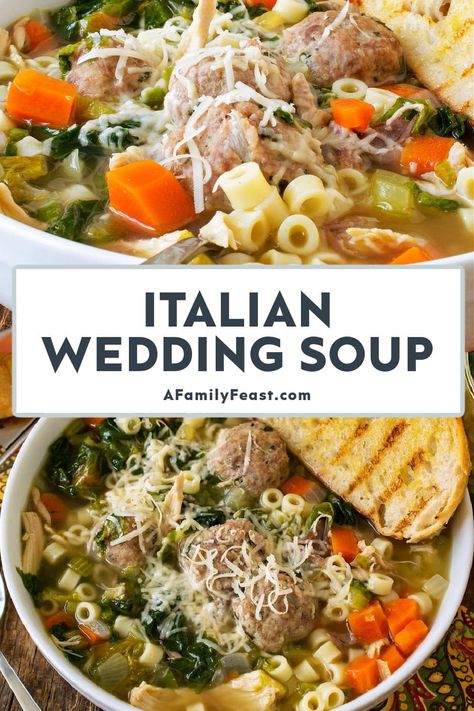 Calabrese Recipes, Soup With Meatballs, Family Feast Recipes, Italian Wedding Soup Recipe, Italian Soup Recipes, Feast Recipes, Homemade Chicken Stock, Chili Stew, Italian Favorites