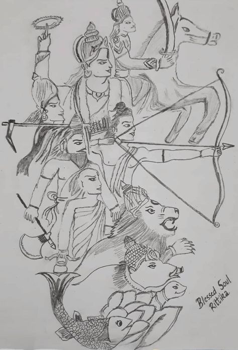 Ten Avatars of Lord Vishnu😇 Lord Vishnu 10 Avatar Drawing, 10 Avatars Of Vishnu Drawing, Vishnu 10 Avatars Drawing, Lord Vishnu Drawing, Vishnu Drawing, Vishnu Avataras, Wall Magazine, God Drawing, Kurti Pattern