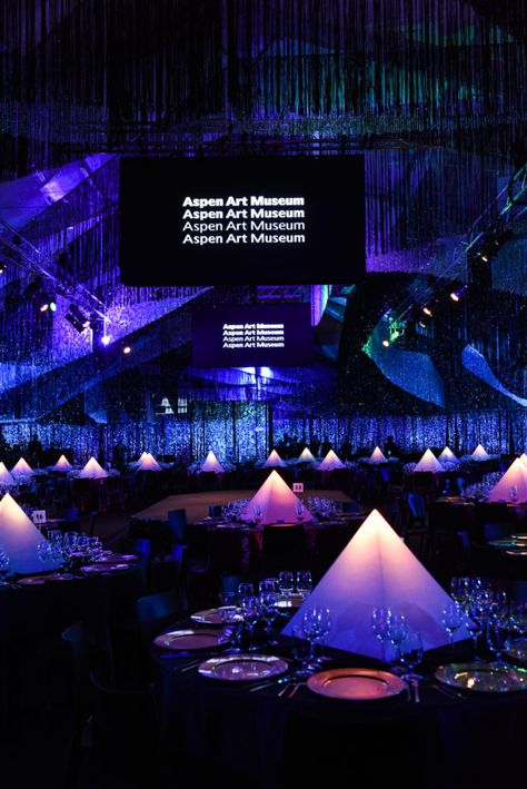 Aspen Art Museum gala #galaideas #galas Futuristic Gala Dinner, Gala Night Theme, Gala Dinner Decor, Gala Event, Gala Dinner Decoration, Brand Event, Aspen Art Museum, Non Floral Centerpieces, Gala Decorations