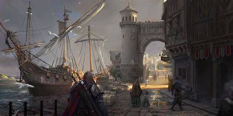 ArtStation - port, Z Q Ice Fantasy, Rpg Map, Fantasy Castle, Fantasy City, Fantasy Story, Fantasy Places, Fantasy Setting, Landscape Scenery, Fantasy Art Landscapes