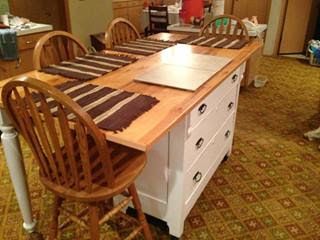 We decided to create a kitchen island from one of my childhood memories: my mom's dresser.  Here are the details of our first project adventure! Dresser Kitchen Island, Repurposed Dresser, Kitchen Island Table, Farmhouse Kitchen Island, Diy Dresser, Diy Kitchen Island, Primitive Kitchen, Chic Kitchen, Shabby Chic Kitchen