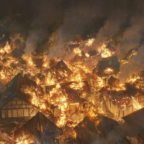 Burning City Fantasy Art, City Under Siege Fantasy Art, Burning Town Fantasy Art, Burning Village Fantasy Art, Fantasy Burning City, Burning Village Art, City Burning Aesthetic, Burning Village Aesthetic, City Burning Art