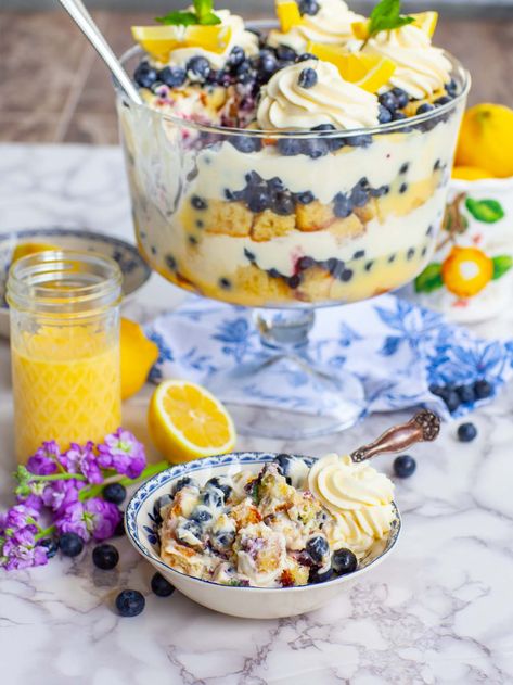 Easy Lemon Blueberry Trifle (video) - Tatyanas Everyday Food Summer Blueberry Recipes, Lemon Blueberry Desserts, Limoncello Trifle, Blueberry Trifle Recipe, Lemon Blueberry Trifle, Lemon Trifle, Blueberry Trifle, Dessert Favorites, Trifle Bowl Recipes