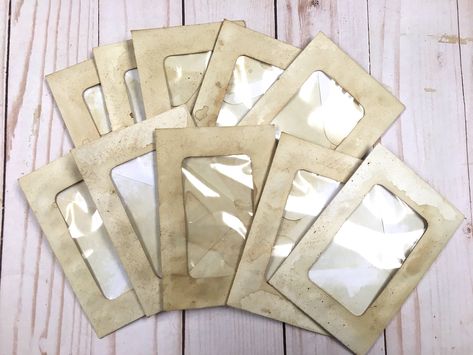 10 small coffee dyed stained paper envelopes with plastic window 4.5" x 3 " grubby vintage look junk journal ephemera journaling supplies Genealogy Art, Window Envelopes, Stained Paper, Journaling Supplies, Paper Pocket, Plastic Window, Junk Journal Ephemera, Small Envelopes, Plastic Windows