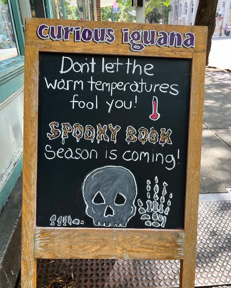 Library Signage Ideas, Halloween Book Displays Library, October Library Book Displays, Bookstore Chalkboard, Bookstore Chalkboard Signs, Funny Bookstore Signs, Horror Library Display, School Chalkboard Art, Library Assistant