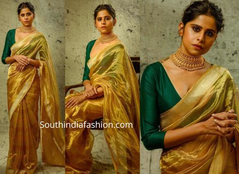 sai tamhankar in gold tissue saree with green blouse scaled Gold Saree With Contrast Blouse, Golden Saree With Contrast Blouse, Tissue Saree Blouse Designs Latest, Tissue Saree Blouse Designs, Tissue Saree Blouse, Golden Tissue Saree, Gold Tissue Saree, Gold Saree Blouse, Blouse Party Wear