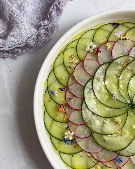 Zuliya Khawaja | Naturally Zuzu on Instagram: "CUCUMBER RADISH CARPACCIO | truffle oil, rice wine vinegar, yuzu, Portuguese flaky sea salt, gold flakes.  I couldn’t decide if I like the addition of dill or not. Let me know which styling you like the most. Dill or no dill?  #plating #cucumbersalad #salad #vegan #plantbased #chefsofinstagram #foodphotography" Radish Carpaccio, Salad Vegan, Truffle Oil, Rice Wine Vinegar, Wine Vinegar, Rice Wine, Cucumber Salad, Gold Flakes, Christmas 2024