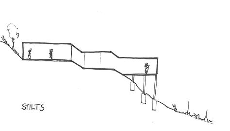 building on stilts Houses On Slopes, Slope House Design, House On Slope, Sloping Lot House Plan, Slope House, House On Stilts, Architecture Model Making, Architectural Section, Architecture Design Concept