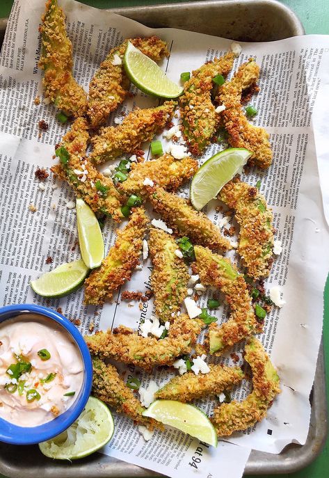 Crispy Avocado "Fries" with Chipotle Sauce. - DomestikatedLife Healthy Homemade Snacks, Healthy Recipes Clean, Homemade Appetizer, Avocado Fries, Chipotle Sauce, Homemade Snacks, Orange Recipes, Healthy Homemade, Side Dish Recipes