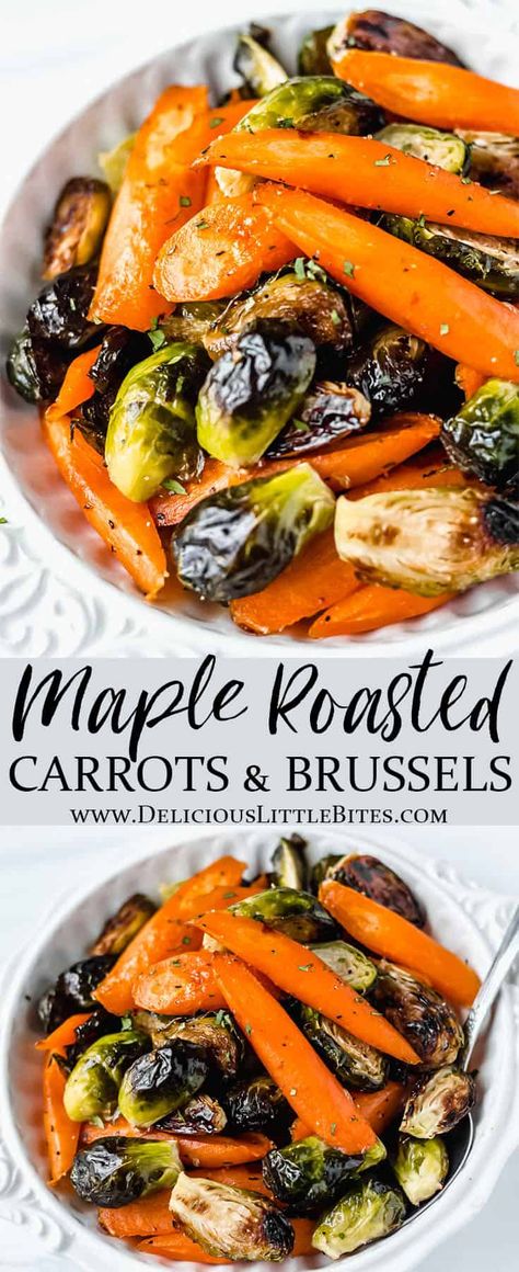 This recipe for a sweet and savory vegetable medley uses Brussels sprouts, carrots, maple syrup and a couple basic seasonings to create a flavorful side dish. Maple Roasted Brussels Sprouts and Carrots are easy to prepare, deliciously sweet and savory flavored, and a healthy complimentary side dish to serve alongside a variety of main courses. | #carrots #brusselssprouts #roastedvegetables #vegetablemedley #sidedish Carrots Maple Syrup, Veggie Medley, Roasted Fall Vegetables, Carrots Side Dish, Roasted Vegetable Recipes, Vegetable Side Dishes Recipes, Vegetable Medley, Roasted Brussels Sprouts, Side Dishes Recipes