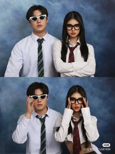 Y2k Yearbook Photoshoot, Creative Shot For Graduation Outfits, Creative Shot For Graduation, Y2k Couple, Photo Yearbook, Yearbook Photoshoot, Y2k Photoshoot, Buku Harry Potter, Graduation Poses