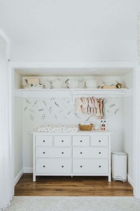 Nursery Nook, Nursery Tour, Dresser In Closet, Open Closet, Nursery Closet, Nursery Room Design, Nursery Room Inspiration, Baby Closet, Nursery Inspo