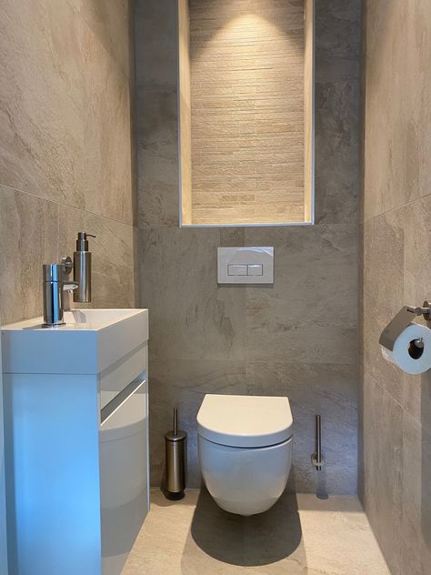 Downstairs Toilet Tiles, Minimalist Toilets, Toilet Design Modern, Room Under Stairs, Bathroom Wall Tile Design, Toilet Room Decor, Wc Design, Minimalist Bathroom Design, Small Toilet Room