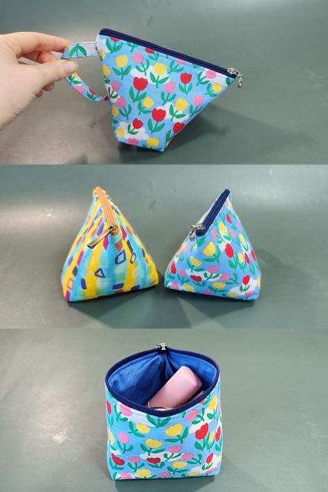 Easy sewing tutorial 🍒 How to make a zipper pouch with a cute handle Sewing Projects With Zippers, Crossbody Bag Pattern Free Sewing, Purse Patterns Free Sewing Handbags, Zipper Pouch Ideas, Small Things To Sew, Sew A Pouch, Triangle Zipper Pouch, Easy Zipper Pouch, Diy Pouch Tutorial