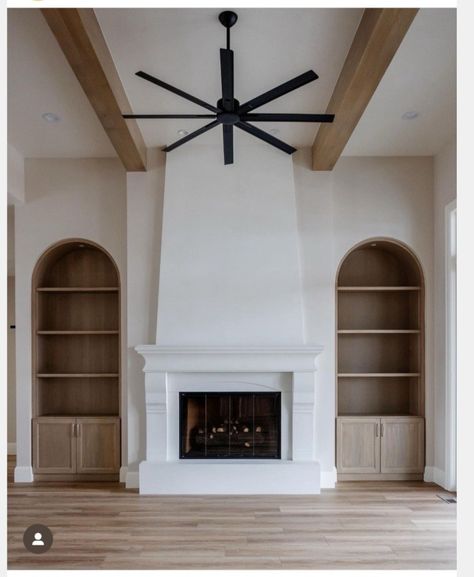 Arched Shelving, Den Fireplace, Color In Interior Design, Pantry Door Ideas, Stucco Fireplace, Firefly Lane, Gray Room, Investment House, Living Room Built Ins