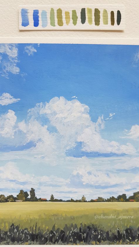 Sky Drawing Watercolors, How To Draw Trees In The Distance, The Sky Drawings, Fluffy Cloud Painting, Watercolor Paintings Sky, Blue Sky Watercolor Painting, Clouds Painting Watercolor, Sunny Sky Drawing, Bright Sky Painting