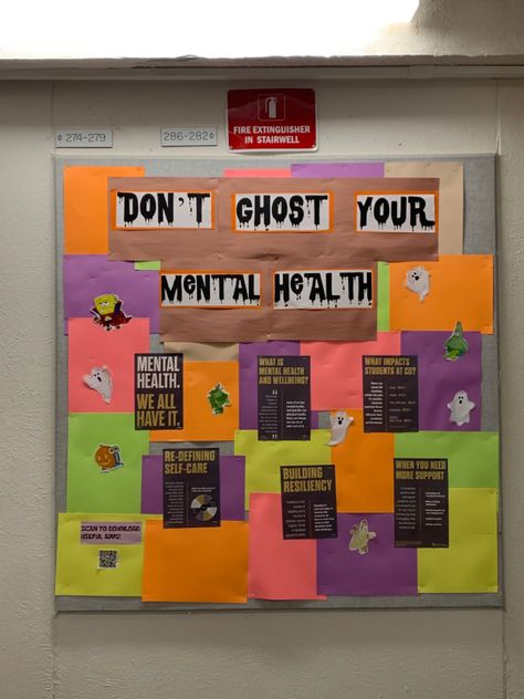 Rehab Bulletin Board Ideas, Spiritual Wellness Bulletin Board, Psychology Bulletin Board Ideas, Health Department Bulletin Board, Halloween Mental Health Bulletin Board, Mental Health Board Ideas, Wellness Board Ideas, Sources Of Strength Bulletin Board, Mental Health Ra Bulletin Board