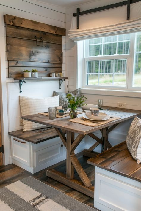 Ideas for farmhouse breakfast nooks for lazy Sunday mornings. Corner Breakfast Nook Ideas, Corner Dining Nook, Farmhouse Breakfast Nook, Corner Breakfast Nook, Distressed Wood Table, Farmhouse Breakfast, Breakfast Nook Bench, Breakfast Nook Ideas, Nook Decor