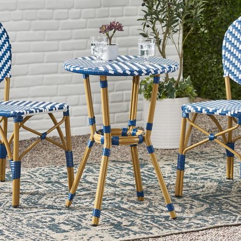 Longshore Tides Wicker Bistro Table | Wayfair Stripe Umbrella, French Bistro Table, Spring Soiree, Wicker Bar Stools, Parisian Bistro, Rattan Outdoor Furniture, Bistro Table Outdoor, Table Bistrot, Outdoor Side Tables