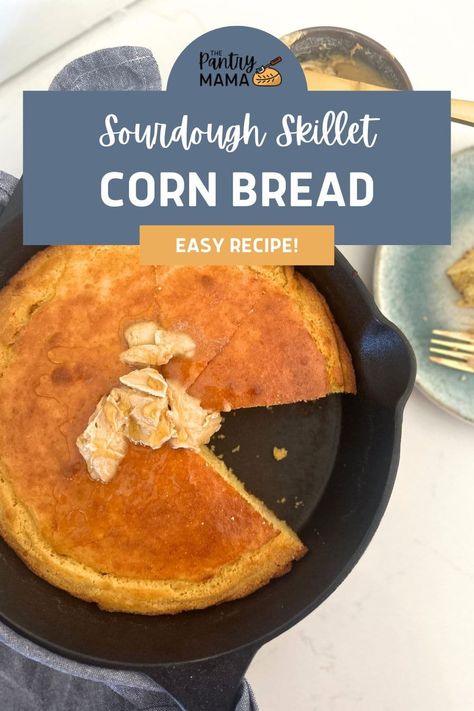 Hearty sourdough skillet cornbread baked in a cast-iron skillet. Use 200g of sourdough discard or active starter to make this easy side. Sourdough Skillet, Sourdough Cornbread Recipe, Sourdough Cornbread, Sourdough Discard Bread, Discard Bread, The Pantry Mama, Sourdough Ideas, Bake Sourdough Bread, Pantry Mama