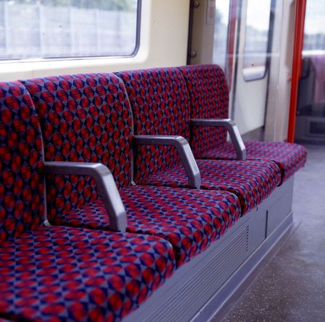 Moquette in Central line check, designed by Jonathan Sothcott circa 1990 and used on 1992 Central line tube stock London Underground Tube, Fabric London, Central Line, London Transport Museum, Lounge Interiors, London Tube, Textiles Projects, London Transport, Sitting Pretty