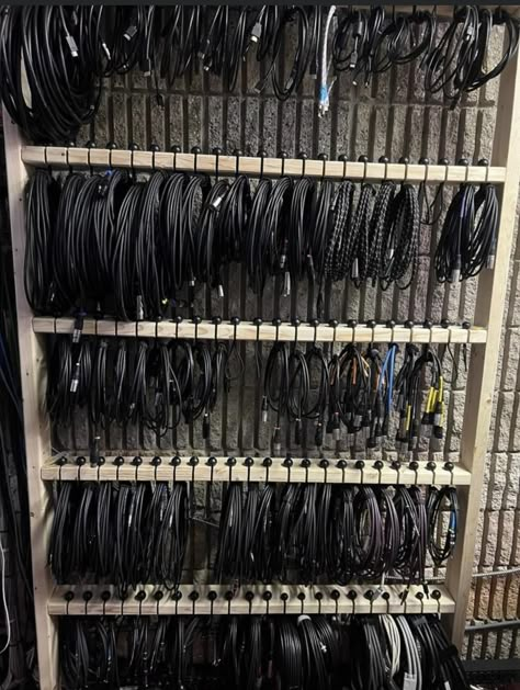 Scene Shop Organization, Tech Closet Organization, Recording Studio Cable Storage, Home Studio Organization, Guitar Cable Storage, Sound Equipment Storage, Film Equipment Storage, Music Gear Storage, Music Equipment Storage