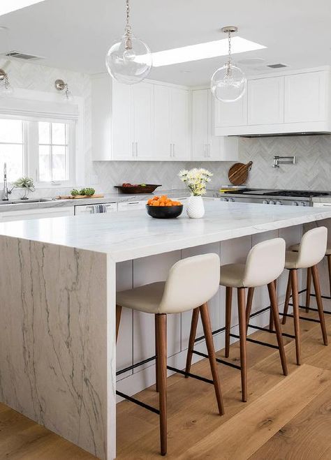 Marble Waterfall Island, White Kitchen Bar Stools, Marble Top Kitchen Island, Modern Kitchen Stools, Chairs For Kitchen Island, Waterfall Island, White Marble Kitchen, Grey Kitchen Island, White Shaker Kitchen