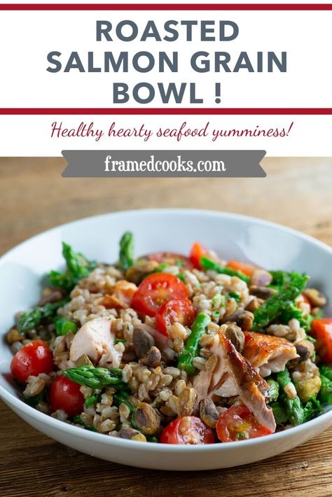 Farro And Fish Recipes, Autumn Farro Bowl, Farro Salmon Bowl, Salmon Grain Bowl Recipe, Salmon And Farro Recipes, Salmon Grain Bowl, Mediterranean Grain Bowl, Farro Bowl Recipe, Harvest Bowls