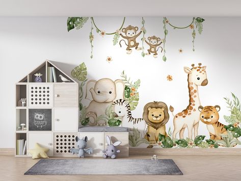 Safari Animal Wall Decals, Baby Animals Nursery, Jungle Animals Nursery, Baby Animal Nursery, Kids Room Wall Decals, Animal Wall Decals, Animals Nursery, Decorative Plaster, Kids Watercolor