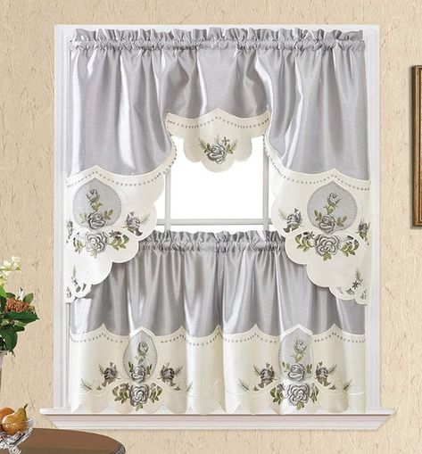 Kitchen Curtains And Valances, Embroidery Kitchen, Ocean Home Decor, Kitchen Curtain Sets, Purple Kitchen, Tier Curtains, Elegant Curtains, Kitchen Valances, Floral Swag