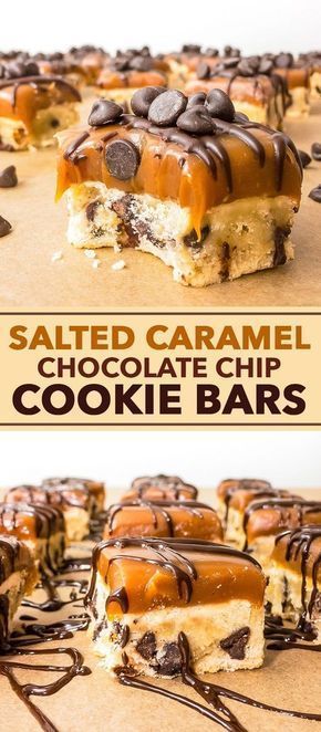 Salted Caramel Chocolate Chip Cookie Bars - These super decadent and incredibly delicious cookie bars are extremely easy to make. Crumbly, buttery chocolate chip cookie dough is paired perfectly with luscious salted caramel, and the extra melted chocolate and chocolate chips round off what just might be your new favourite dessert. Caramel Chocolate Chip Cookie Bars, Caramel Chocolate Chip Cookie, Buttery Chocolate Chip Cookies, Resepi Biskut, Caramel Chocolate Chip Cookies, Nice Food, Chocolate Chip Cookie Bars, Salted Caramel Chocolate, Caramel Chocolate