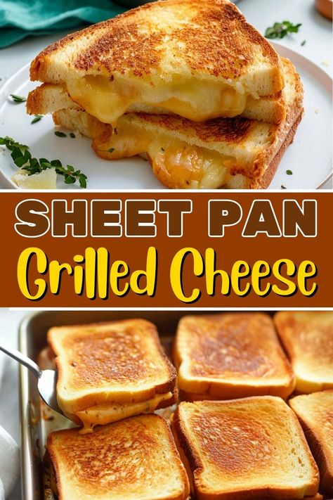 This sheet-pan grilled cheese is about to be your new favorite sandwich! Treat your whole family to gooey, melty goodness by making a bunch at once. Hot Baked Sandwiches, Open Face Grilled Cheese Sandwich, Rye Grilled Cheese, 5 Cheese Grilled Cheese, Pioneer Woman Grilled Cheese, 4 Cheese Grilled Cheese Sandwich, Grilled Cheese In The Oven Cookie Sheets, Sheet Pan Panini Sandwiches, Frozen Grilled Cheese Sandwiches