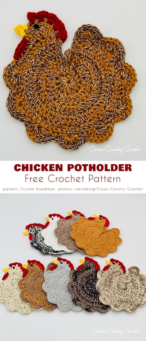 Chicken Potholder Chicken Potholder, Crochet Pot Holders Free Pattern, Crochet Potholder Patterns, Crochet Hot Pads, Crochet Chicken, Dishcloth Crochet Pattern, Crochet Coaster Pattern, Crochet Potholders, Crochet Kitchen