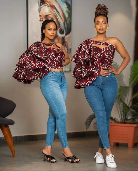 Ankara Peplon Top Styles, Chitenge Outfits Tops, Jojo Style Clothes, Flare Tops Blouses Ankara, Kitenge Tops With Jeans, Ankara Tops For Jeans, African Tops For Women With Jeans, Kitenge Tops Designs, Simple Ankara Tops With Jeans