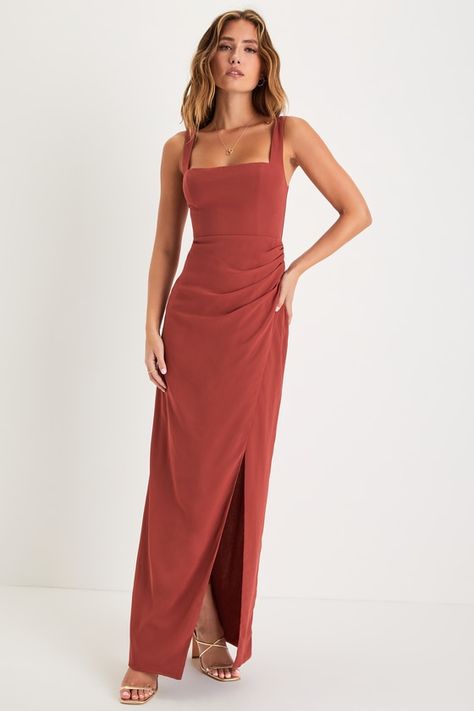 Overlapping Design, Rust Bridesmaid Dress, Chic Skirt, Ruched Maxi Dress, Fall Wedding Guest Dress, Chic Skirts, Wedding Attire Guest, Evening Dresses Cocktail, Sophisticated Dress