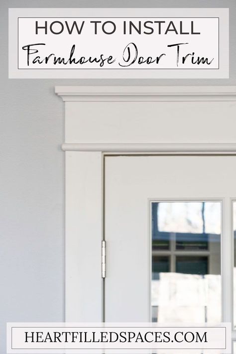 How to update builder grade door casings to Farmhouse/Craftsman style trim. Follow this simple tutorial for a beautiful DIY upgrade. #frenchdoors #doortrim #woodtrim #craftsmanstyle #interiordoors #moldings #howto #diyhomedecor #homeremodelingdiy Farmhouse Door Trim, Craftsman Style Trim, Farmhouse Interior Doors, Diy Window Trim, Farmhouse Trim, Farmhouse Craftsman, Door Makeover Diy, Interior Door Trim, Custom Wood Doors